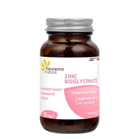 Un flacon en verre brun du complément alimentaire Fleurance Nature Zinc Bisglycinate avec une étiquette blanche et rose, contenant 90 gélules de 15 mg chacune, pour le soutien des antioxydants, de l'immunité et de la peau. Dakar