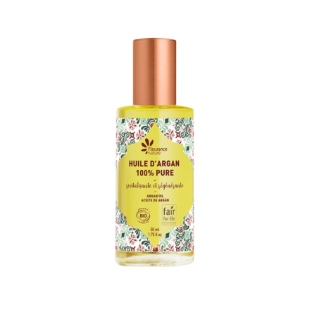 Un flacon d'huile d'argan 100% pure de Fleurance Nature avec une étiquette florale décorative et un bouchon doré, contenant 50 ml, représenté sur un fond blanc. Dakar