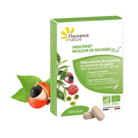 Une boîte de Fleurance Nature Mincifine Complément Alimentaire Brûleur de Graisses Bio 30 comprimés est présentée avec deux comprimés, du guarana, des feuilles de thé vert et des illustrations de maté. L'emballage vert et blanc comporte des textes en français et en anglais. Dakar