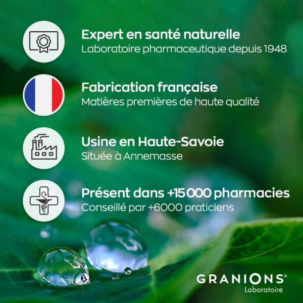 Infographie Granions Laboratoire avec icônes et texte mettant en avant l'expertise en santé naturelle depuis 1948, la fabrication française, une usine en Haute-Savoie, et une présence dans plus de 15 000 pharmacies. L'arrière-plan représente des feuilles vertes avec des gouttes d'eau. Dakar