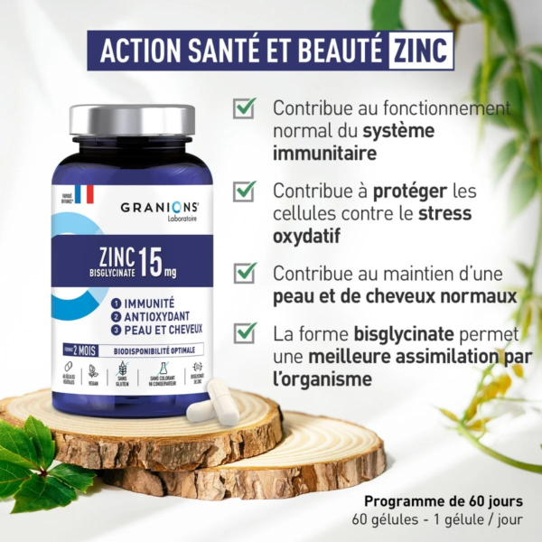 Une bouteille de suppléments Granions Zinc 15 mg avec des capsules blanches à côté, présentée sur une surface en bois avec des feuilles vertes. Un texte en français décrit les bienfaits pour la santé et la beauté : immunité, protection antioxydante, santé de la peau et des cheveux. Dakar