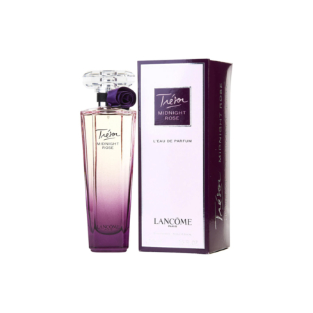 Le flacon de 50 ml de l'Eau de Parfum pour femme Lancôme Trésor Midnight Rose, orné d'une rose violette au niveau du col, est placé à côté de son coffret violet et blanc assorti, tous deux portant la marque Lancôme Trésor Midnight Rose. Dakar
