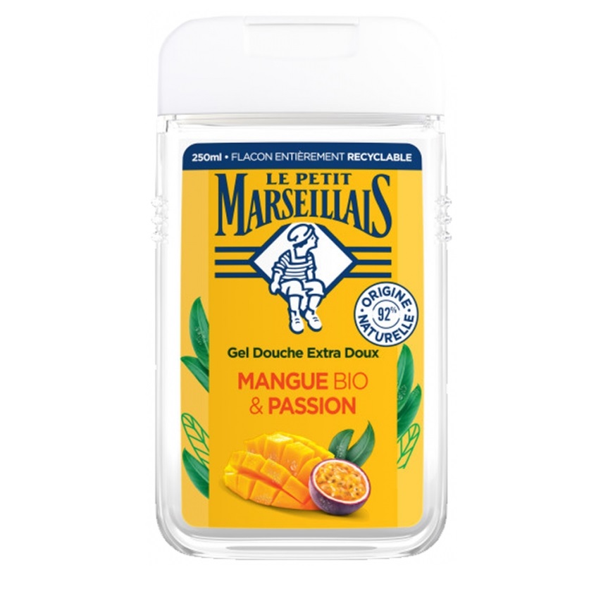 Un flacon de 250 ml de la Crème de Douche Extra Douce Argan Bio et Karité du Petit Marseillais, avec le logo bleu et blanc de la marque sur l'étiquette. Dakar