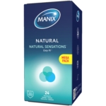 Une boîte bleue de préservatifs Manix Natural Préservatif Sécurité et Confort, étiquetée "Easy fit" et "Mega Pack", contient 24 préservatifs avec un dessin circulaire et les détails du produit sur le devant. Dakar