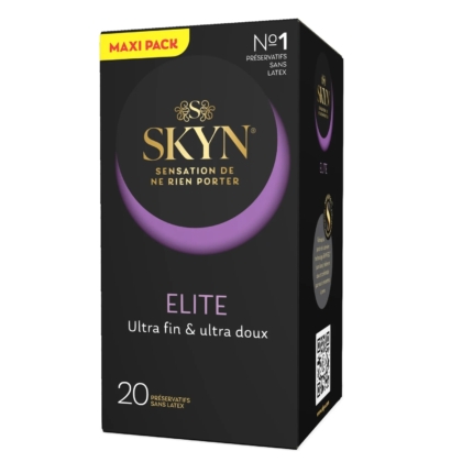 Une boîte noire de Manix Skyn Elite Préservatif Ultra Fin et Ultra Doux Boite 20 contient 20 préservatifs ultra-minces et ultra-doux sans latex, avec des accents dorés et violets et un texte en français mettant l'accent sur la sensibilité. Dakar