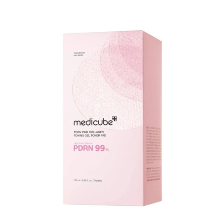 Une boîte rectangulaire rose et blanche de 70 tampons Medicube Tampons Gel Tonifiant au Collagène Rose PDRN, avec les détails du produit et la marque en anglais et en coréen. Dakar