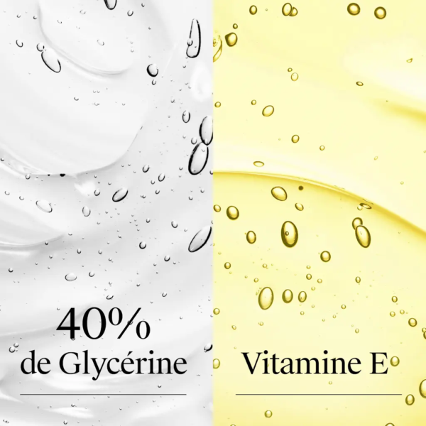 Une image fractionnée montre un gel clair avec des gouttelettes étiquetées "40% de Glycérine" à gauche, et un gel jaune avec des bulles étiquetées "Vitamine E" à droite, pour Neutrogena Formule Norvégienne Crème Mains Concentrée Sans Parfum 50 ml. Dakar