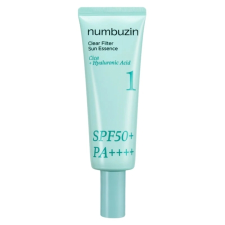 Un tube bleu clair de Numbuzin No.1 Clear Filter Sun Essence Légère Spf50 à Base de Niacinamide Peau Grasse 50 ml, étiqueté "1", avec SPF50+ PA++++, contient du Cica et de l'Acide Hyaluronique pour la protection solaire. Dakar