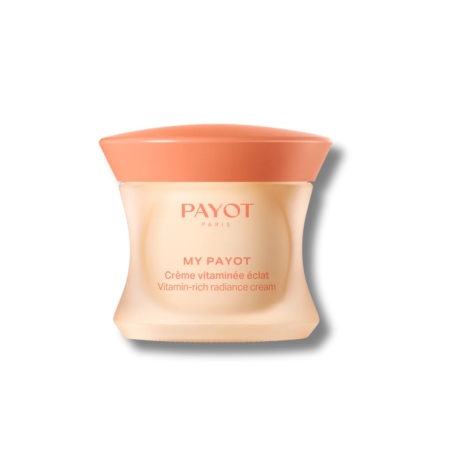 Un pot de Payot My Payot Crème Illuminatrice Vitaminée 50 ml de couleur pêche avec un couvercle orange est présenté de face sur un fond blanc. Dakar