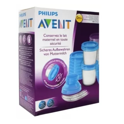 Boîte du set de conservation du lait maternel Philips Avent montrant des récipients empilables avec des couvercles bleus. Le texte de la boîte met l'accent sur la sécurité de la conservation du lait et sur les couvercles anti-fuites. Les couleurs de l'emballage sont principalement le violet, le blanc et le bleu. Dakar