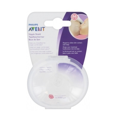 Emballage d'un protège-tétine Philips Avent, de taille moyenne. La protection transparente est présentée dans un étui en plastique sous l'emballage, qui comporte une photo d'une mère allaitant son bébé et des informations sur le produit en plusieurs langues. Dakar