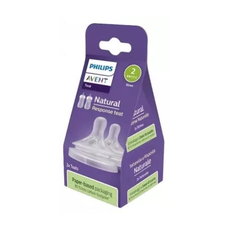 Boîte violette de tétines Philips Avent Natural Response, taille 2, débit lent, contenant deux tétines. L'emballage met en valeur les matériaux à base de papier et la réduction de l'empreinte carbone. Dakar