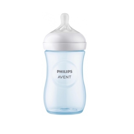 Un biberon Philips Avent bleu translucide avec un bouchon à vis blanc et une tétine en silicone transparent, sur un fond blanc uni. Dakar