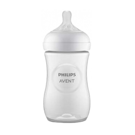Un biberon Philips Avent transparent avec un couvercle et une tétine blancs, présenté à la verticale sur un fond blanc uni. Dakar