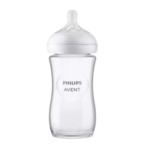 Un biberon transparent Philips Avent avec un couvercle blanc à visser et une tétine en silicone, sur un fond blanc uni. Dakar