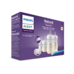 Le coffret Natural Response Coffret Cadeau Bébé SCD878/11 de Philips Avent en violet contient des biberons, une tétine et un goupillon. Le texte met en avant les biberons "Natural Response" et leurs avantages pour l'alimentation des nouveau-nés. Dakar
