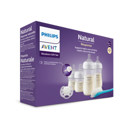 Le coffret Natural Response Coffret Cadeau Bébé SCD878/11 de Philips Avent en violet contient des biberons, une tétine et un goupillon. Le texte met en avant les biberons "Natural Response" et leurs avantages pour l'alimentation des nouveau-nés. Dakar
