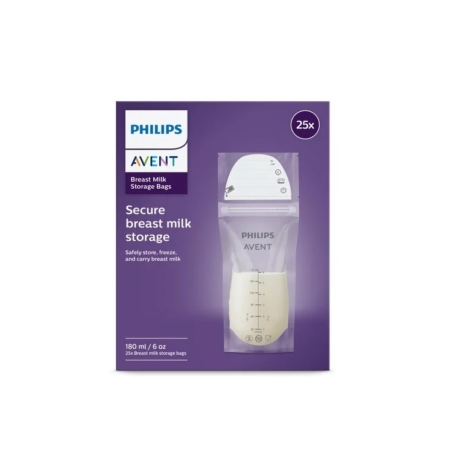 Façade d'une boîte de Sachets de conservation pour le lait maternel 25x180ml de Philips Avent, comprenant un sachet transparent avec des repères de mesure et un texte soulignant la conservation sécurisée du lait maternel (25 sachets, capacité de 180 ml). Dakar