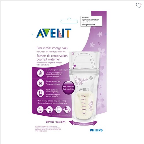 Emballage des sachets de conservation du lait maternel Philips Avent montrant un sachet de conservation transparent avec des marques de mesure, des éléments de design violets et blancs, les caractéristiques du produit énumérées à gauche et la mention "sans BPA" au bas de l'emballage. Dakar