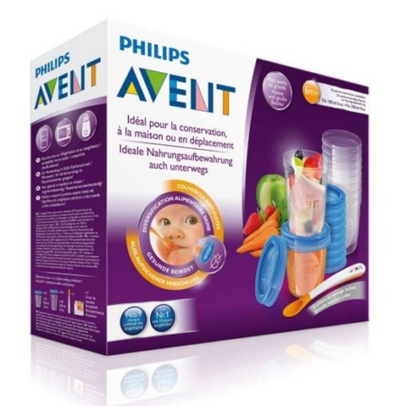 Le Set de Pots de conservation 180ml x10 et 240ml x10 + 1 cuillère Philips AVENT comprend des récipients, des couvercles et une cuillère, idéaux pour conserver et transporter des aliments pour bébés faits maison, comme le montrent les images de fruits et de légumes frais sur l'emballage. Dakar
