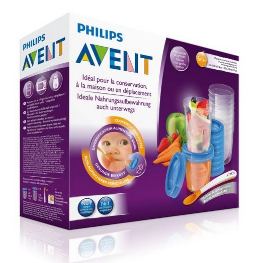 Le Set de Pots de conservation 180ml x10 et 240ml x10 + 1 cuillère Philips AVENT comprend des récipients, des couvercles et une cuillère, idéaux pour conserver et transporter des aliments pour bébés faits maison, comme le montrent les images de fruits et de légumes frais sur l'emballage. Dakar
