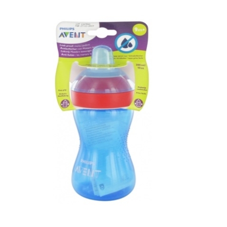 Un gobelet bleu Philips Avent avec un anneau rouge et un bec transparent, emballé dans un support en carton vert et violet, étiqueté pour les 9 mois et plus. Dakar