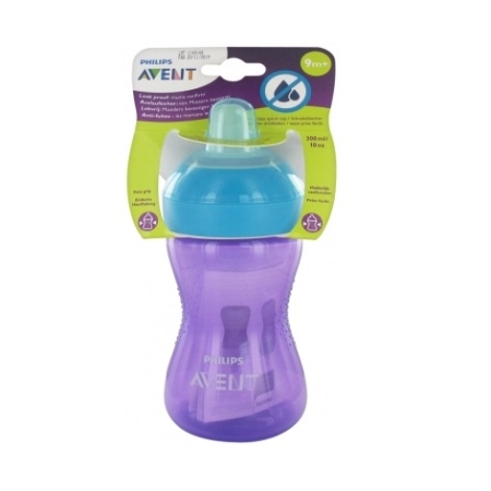 Un gobelet violet Philips Avent avec un couvercle bleu-vert, conçu pour les bébés âgés de 9 mois et plus, présenté dans son emballage d'origine. Dakar