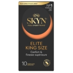 La boîte de 10 préservatifs Manix Skyn Elite King Size Large est ornée d'un texte en or, d'un dessin orange incurvé et des mentions "Plus long et plus large" et "Confort & finesse supérieure". Chaque boîte contient 10 préservatifs sans latex. Dakar
