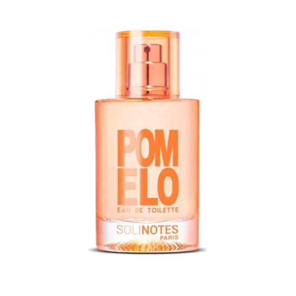 Un flacon de 50 ml de Solinotes Eau De Parfum Pomelo pour Femme avec un bouchon et une étiquette orange transparents, avec un texte en gras blanc et orange sur un fond clair. Dakar