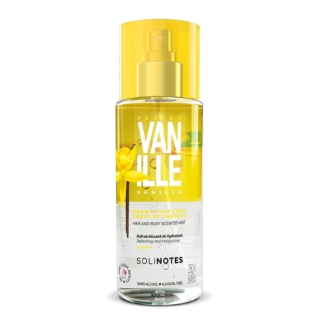 Solinotes Vanille Brume parfumée pour Femme 250ml : flacon transparent avec liquide jaune, graphique de fleur jaune, bouchon vaporisateur ; étiqueté comme rafraîchissant, hydratant et sans alcool. Dakar