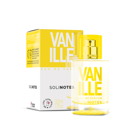 Un flacon en verre transparent de Solinotes Vanille Eau de Parfum pour femme 50ml avec un bouchon jaune se trouve devant sa boîte jaune et blanche assortie, les deux affichant un texte jaune gras "VANILLE". Dakar