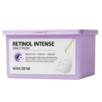 Un contenant rectangulaire lavande de SOME BY MI Retinol Intense Daily Mask, comportant une étiquette avec un compte-gouttes, des détails sur le produit et un graphique d'un masque facial. Dakar