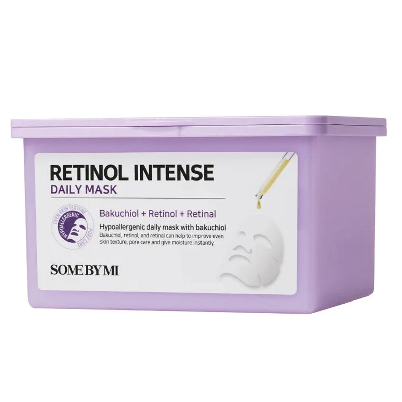Un contenant rectangulaire lavande de SOME BY MI Retinol Intense Daily Mask, comportant une étiquette avec un compte-gouttes, des détails sur le produit et un graphique d'un masque facial. Dakar