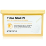 Un contenant jaune étiqueté "Some By Mi Yuja Masque Quotidien Anti Imperfections à la Niacine 30 pièces" contient de la niacinamide, de l'extrait de yuja et de l'arbutine pour éclaircir et apaiser la peau. Dakar