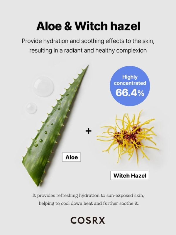 Une image montrant une feuille d'aloès et une fleur d'hamamélis fait la promotion de Cosrx Crème Solaire SPF50 Invisible Ultra Légère 50 ml, soulignant ses bienfaits hydratants et apaisants avec 66,4% d'ingrédients hautement concentrés. Dakar