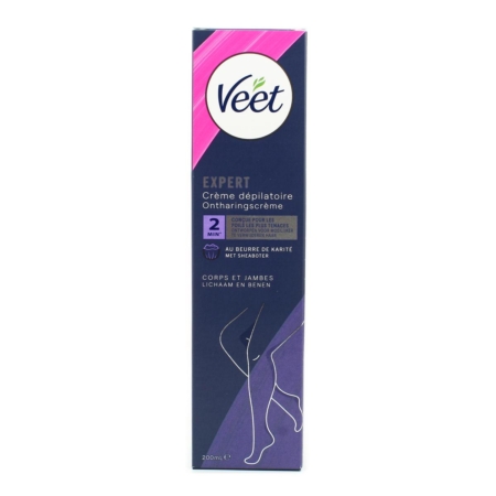 Veet Expert Crème Dépilatoire Corps et Jambes Peaux Sensibles 200 ml présente un design violet et rose avec des illustrations de jambes, agit en 2 minutes et contient du beurre de karité pour des résultats lisses. Dakar