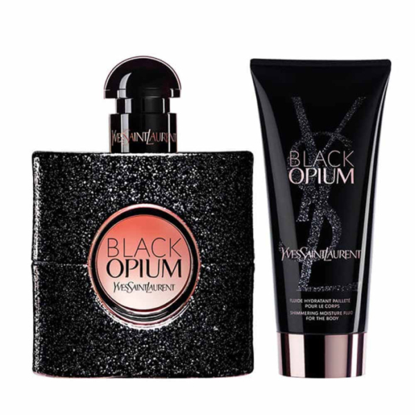 Un flacon de parfum Black Opium d'Yves Saint Laurent avec un fini noir pailleté et un tube assorti de fluide hydratant scintillant, tous deux étiquetés avec les logos Black Opium et YSL. Dakar