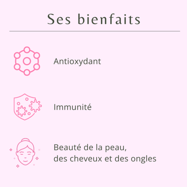 Infographie en français énumérant trois avantages : Antioxydant, immunité et beauté de la peau, des cheveux et des ongles. Chaque bienfait est accompagné d'une simple icône rose sur un fond rose clair. Dakar