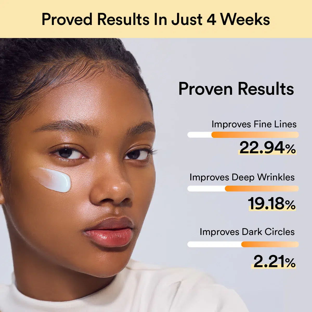 Une femme à la peau lisse, avec Abib Crème Contour des Yeux au Collagène Tube de Rose de Jéricho 30 ml sur la joue, regarde la caméra. Le texte indique les résultats à 4 semaines : rides fines -22,94%, rides profondes -19,18%, cernes -2,21%. Dakar