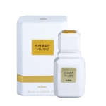 Le parfum Ajmal Amber Musc 100ml est présenté dans un flacon blanc à côté de son coffret blanc et or assorti, tous deux dotés d'une étiquette carrée dorée avec "Amber Musc" imprimé en noir. Dakar