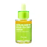Un flacon compte-gouttes vert étiqueté "AZELAIC ACID 10 KOJIC TEA TREE SERUM CLARIFYING FACIAL SERUM" de Purito, contenant un liquide jaune. Le bouchon compte-gouttes est vert avec un bulbe jaunâtre. Le flacon contient 30 ml. Dakar