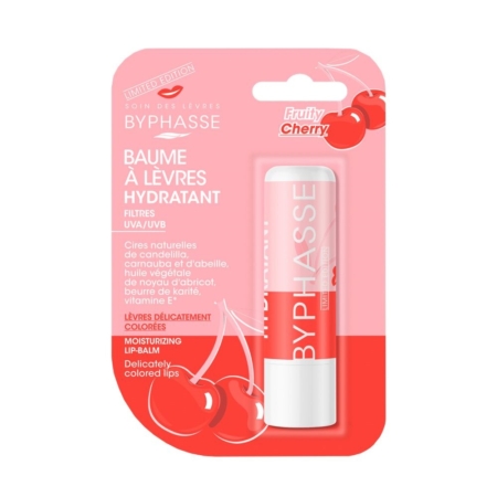 Un baume à lèvres hydratant Byphasse Fruity Cherry emballé avec des images de cerises sur la carte rose et blanche. L'emballage indique "Baume à lèvres hydratant" et souligne sa couleur délicate et ses propriétés hydratantes. Dakar