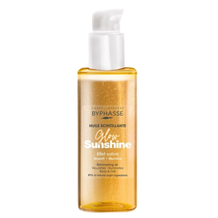 Un flacon transparent de BYPHASSE Glow Sunshine Shimmering Oil avec une pompe blanche, rempli d'un liquide doré et scintillant. L'étiquette met en avant ses bienfaits nourrissants et illuminants pour le corps et les cheveux. Dakar