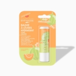 Un baume à lèvres hydratant Byphasse sous blister, étiqueté "Fruity Melon & Propolis". L'emballage présente des illustrations de tranches de melon et de feuilles vertes sur un fond vert clair et orange. Dakar