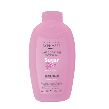 Un flacon rose de 400 ml de lait corporel Byphasse Sugar Glow Illumination avec des prébiotiques. L'étiquette met en avant les bienfaits hydratants, nourrissants et fortifiants pour la peau. Dakar