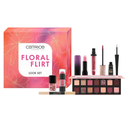 Le coffret Floral Flirt Look Set Coffret Cadeau pour Femme de Catrice comprend une palette d'ombres à paupières, un gloss, un rouge à lèvres, un eyeliner, un primer et un crayon à sourcils, présentés dans un coffret rose vif et orange à motifs floraux. Dakar