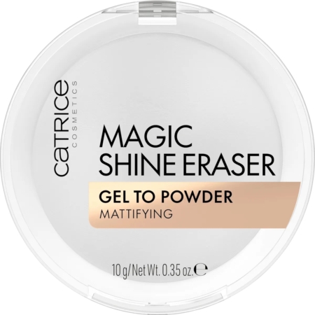 Un compact rond de maquillage matifiant gel-poudre Magic Shine Eraser de Catrice Cosmetics, présenté dans un boîtier transparent avec un texte noir et or sur le couvercle. Le poids net est de 10g / 0.35 oz. Dakar