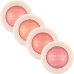 Quatre boîtes rondes de Catrice Blush et Illuminateur 2 en 1 Fini Rayonnant 5,6 g dans des teintes roses et pêche assorties, disposées en diagonale avec des couvercles beige clair portant le nom du produit en texte blanc. Dakar