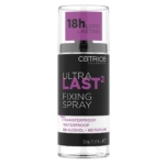 Un flacon de 50 ml de Catrice Ultra Last2 Spray Fixateur Longue Tenue et Waterproof, étiqueté comme 18h long lasting, transferproof, waterproof, alcohol-free, perfume-free ; avec un bouchon transparent et un design violet-noir. Dakar