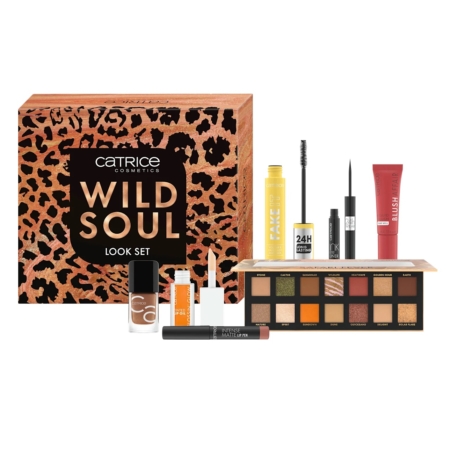 Coffret Wild Soul Look de Catrice Cosmetics comprenant une boîte imprimée léopard, une palette d'ombres à paupières, un mascara, un eyeliner liquide, un tube de blush, un vernis à ongles, un rouge à lèvres liquide et un baume à lèvres disposés devant la boîte. Dakar